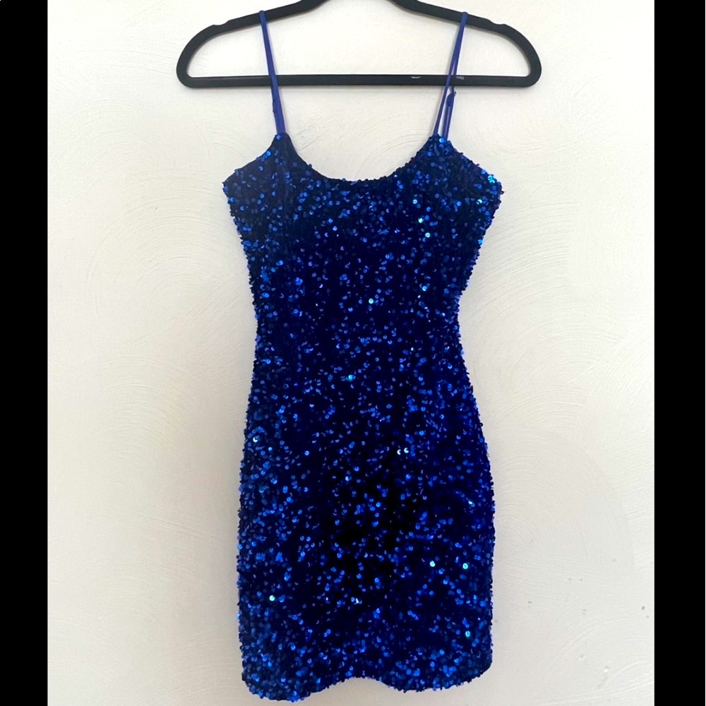Blue Sequin Homecoming Mini Dress, Size M.